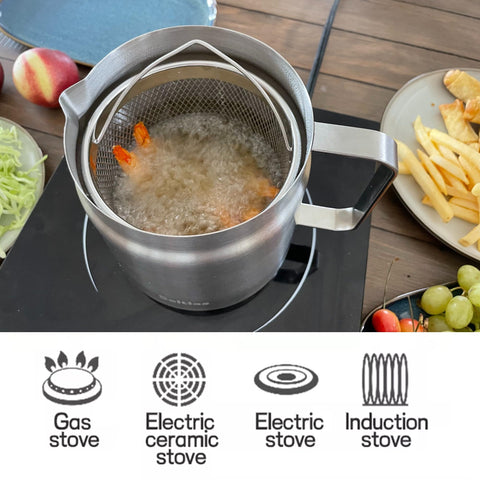 Saltlas deep fryer pot works on gas, electric, induction, ceramic stoves.