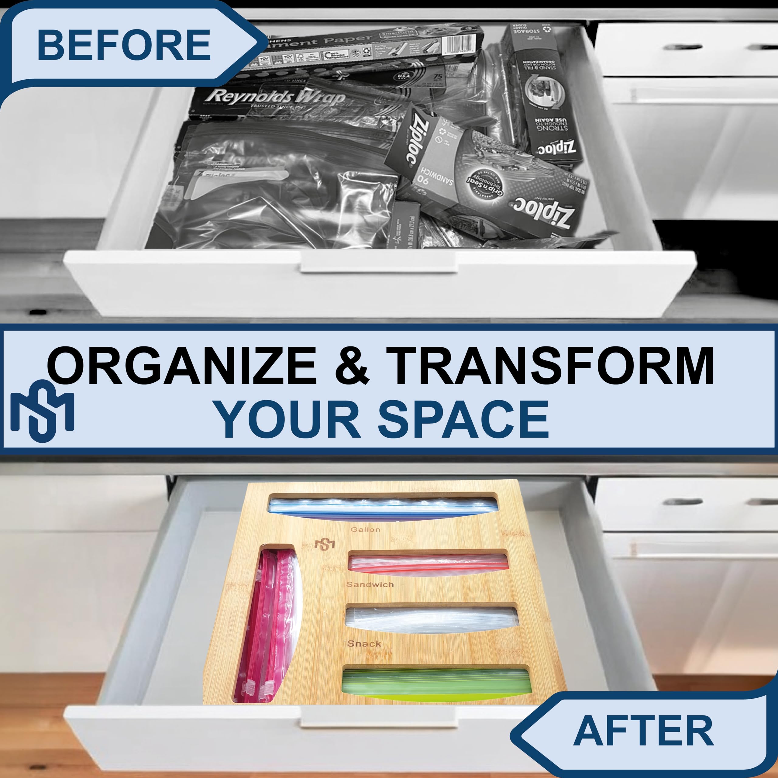 Samatize five-slot baggie storage for quart and sandwich bags.