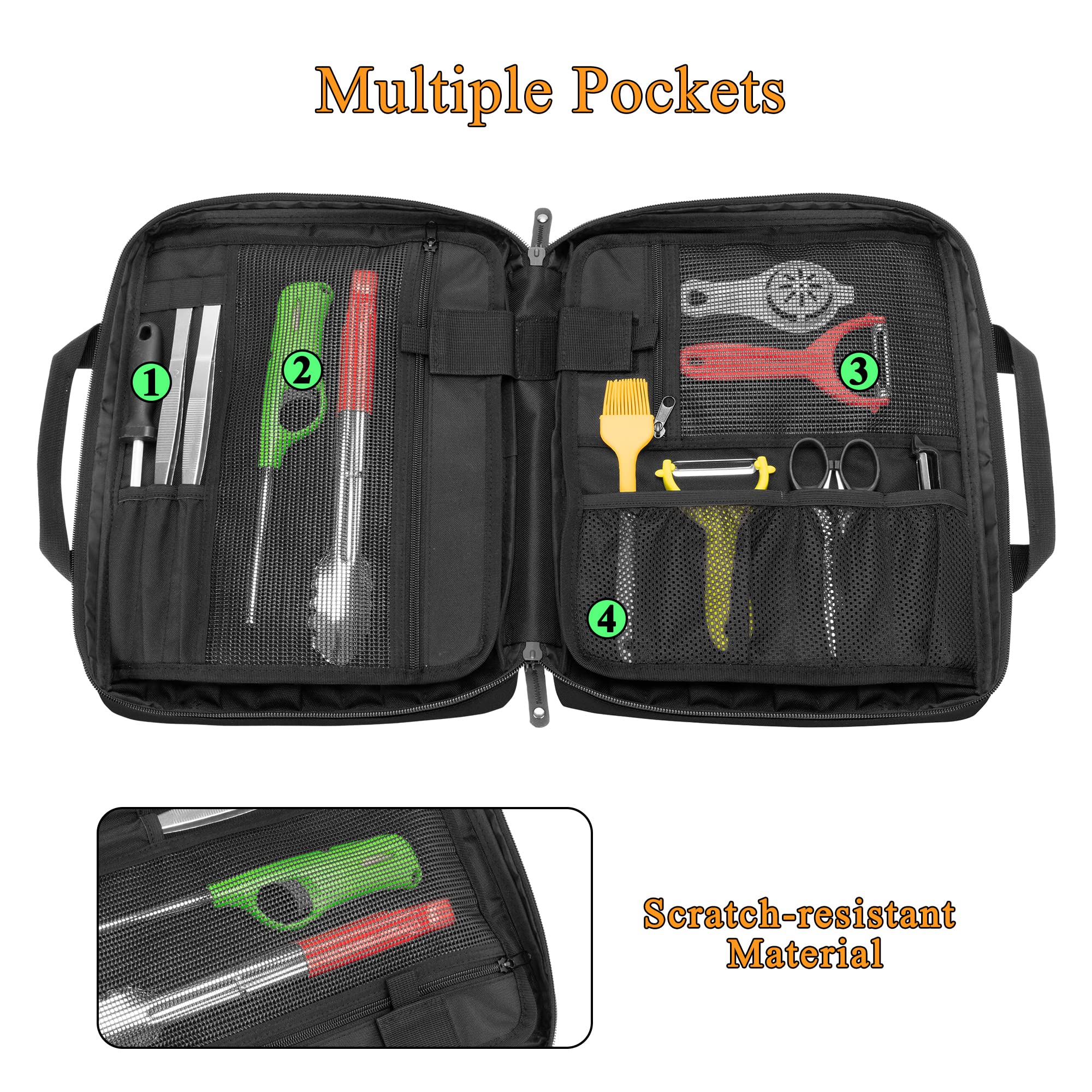 samdew Chef Knife Bag open second layer reveals 20-slot capacity for larger blades