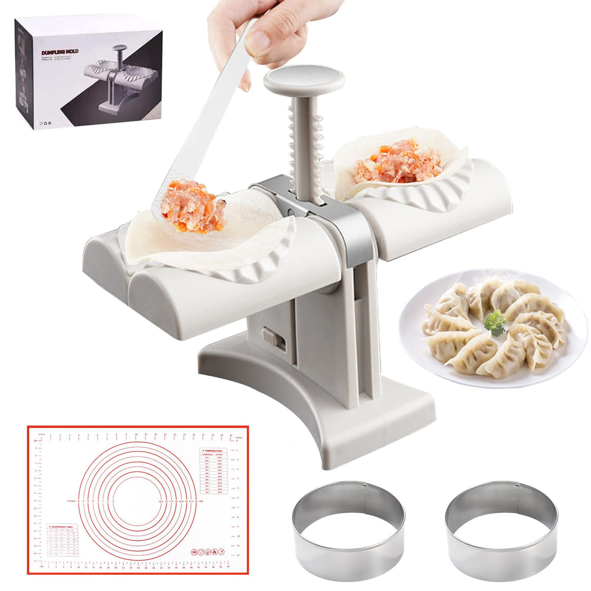 Sameme dumpling maker double head in action wrapping two dumplings at once