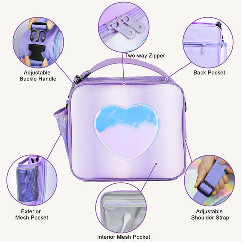 Samhe rainbow lunch bag side pocket holds a snack or small bottle.