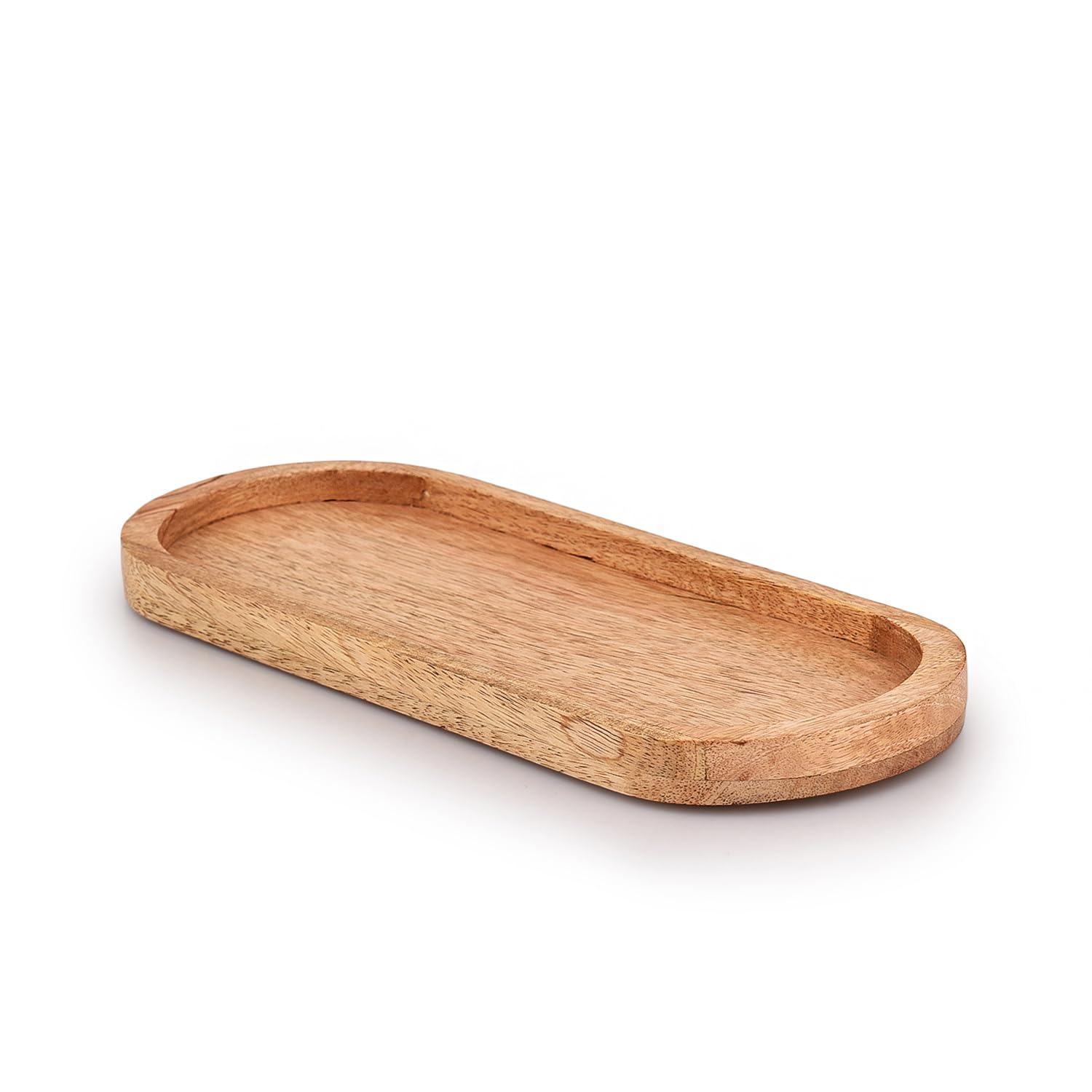 Samhita Mango oval tray wood-grain closeup shows natural finish