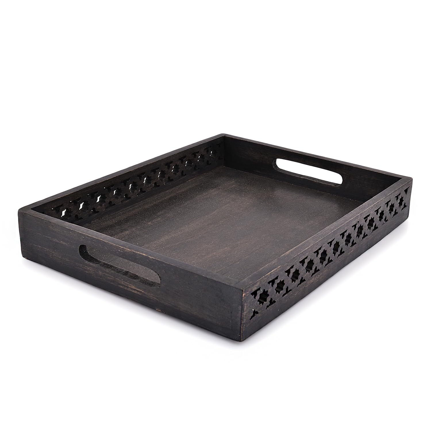 Samhita black mango wood tray with dual side handles for serving.