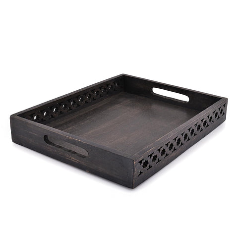 Samhita black mango wood tray with dual side handles for serving.