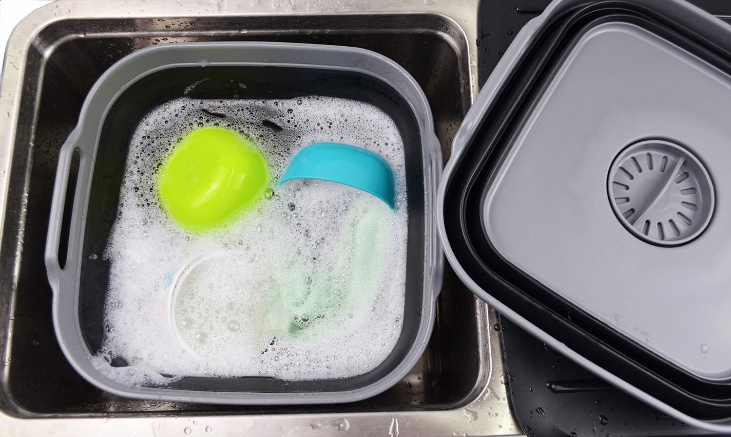 Folded flat for space saving, SAMMART dishpan fits in cabinets.