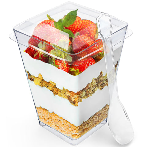 Sammray 50-pack 5 oz plastic dessert cups with lids and spoons for party servings.
