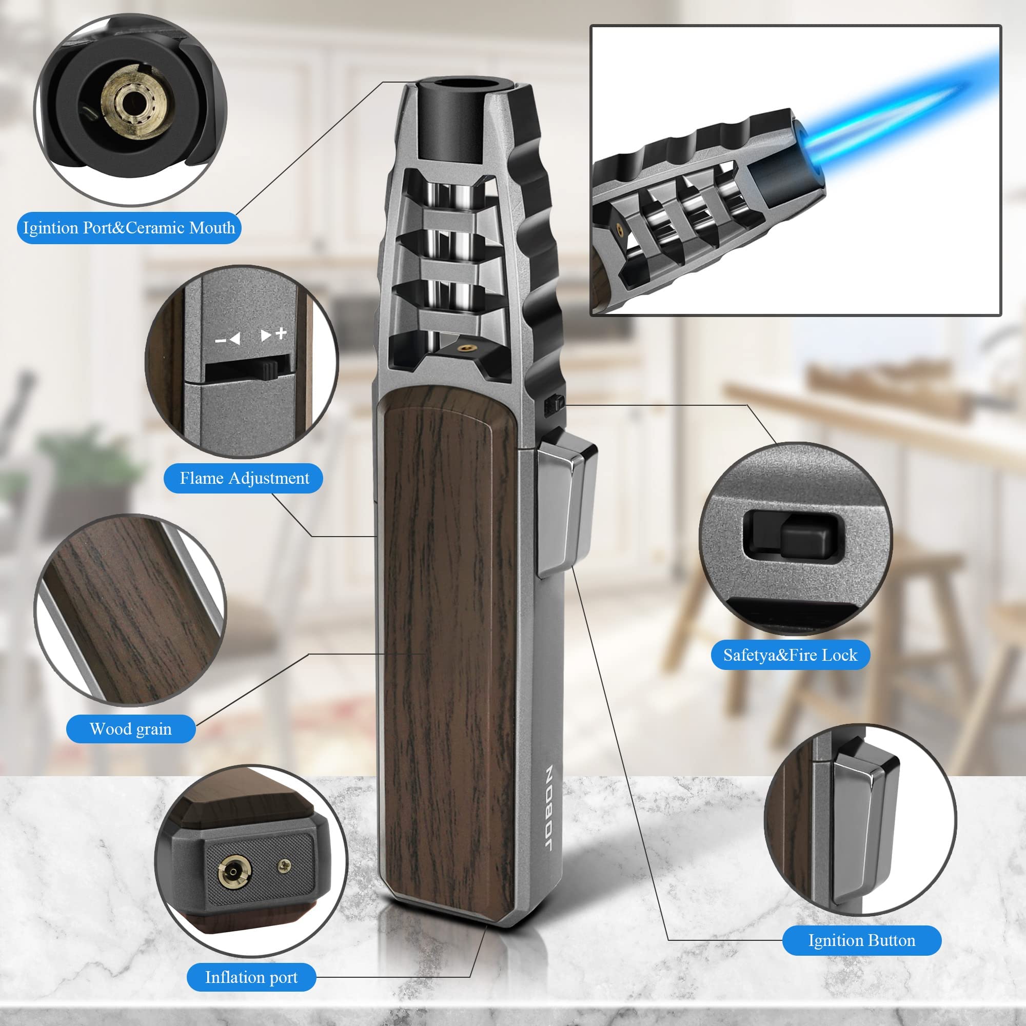 Adjustable flame knob for searing or gentle caramelization.