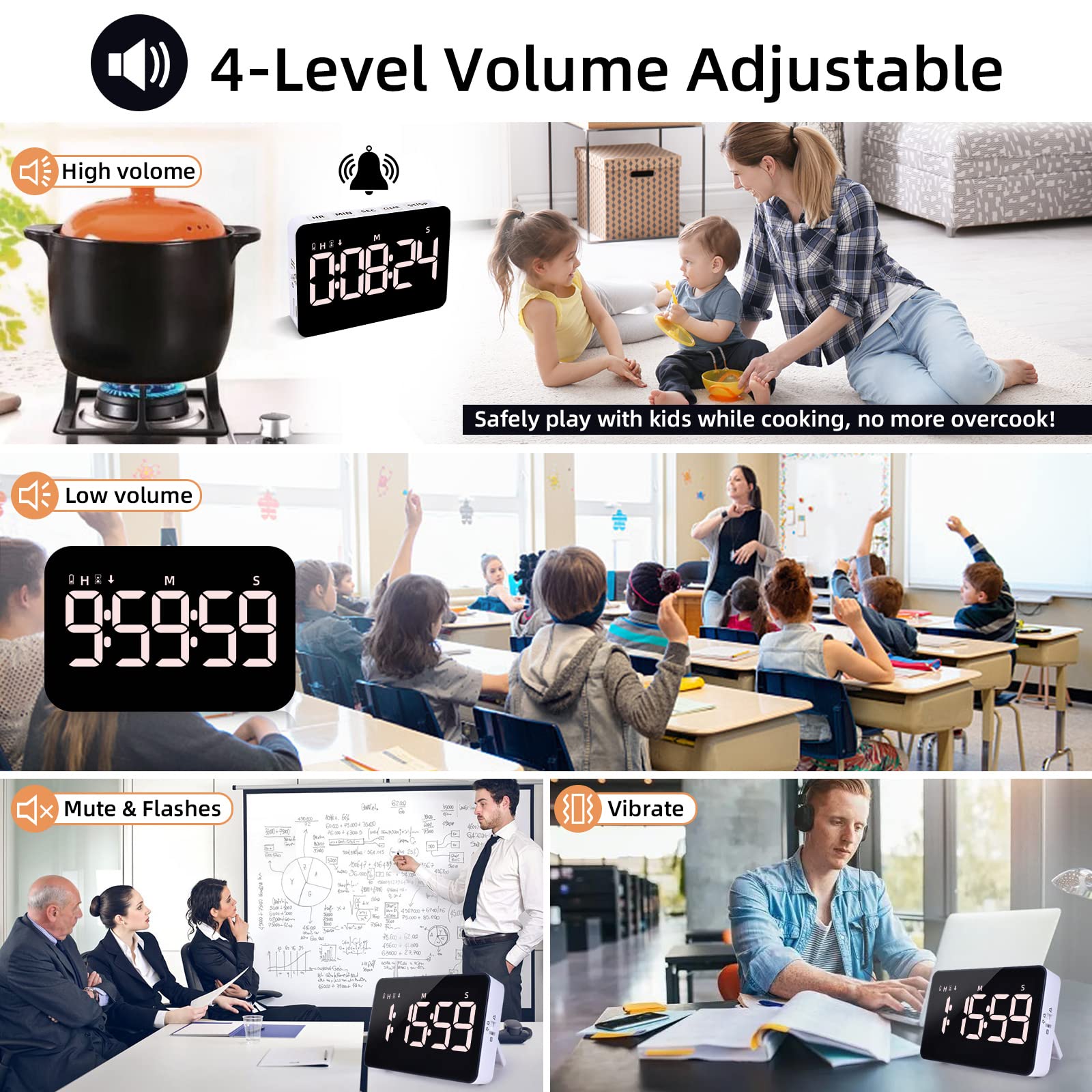 Samshow timer with adjustable volume for loud, soft, or silent alerts