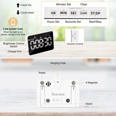 Samshow timer offers stand and hook mounting options