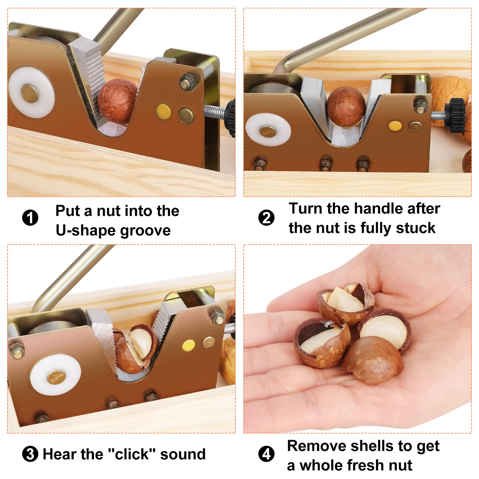 Sanchamy Nut Cracker wooden base keeps shells organized during use.