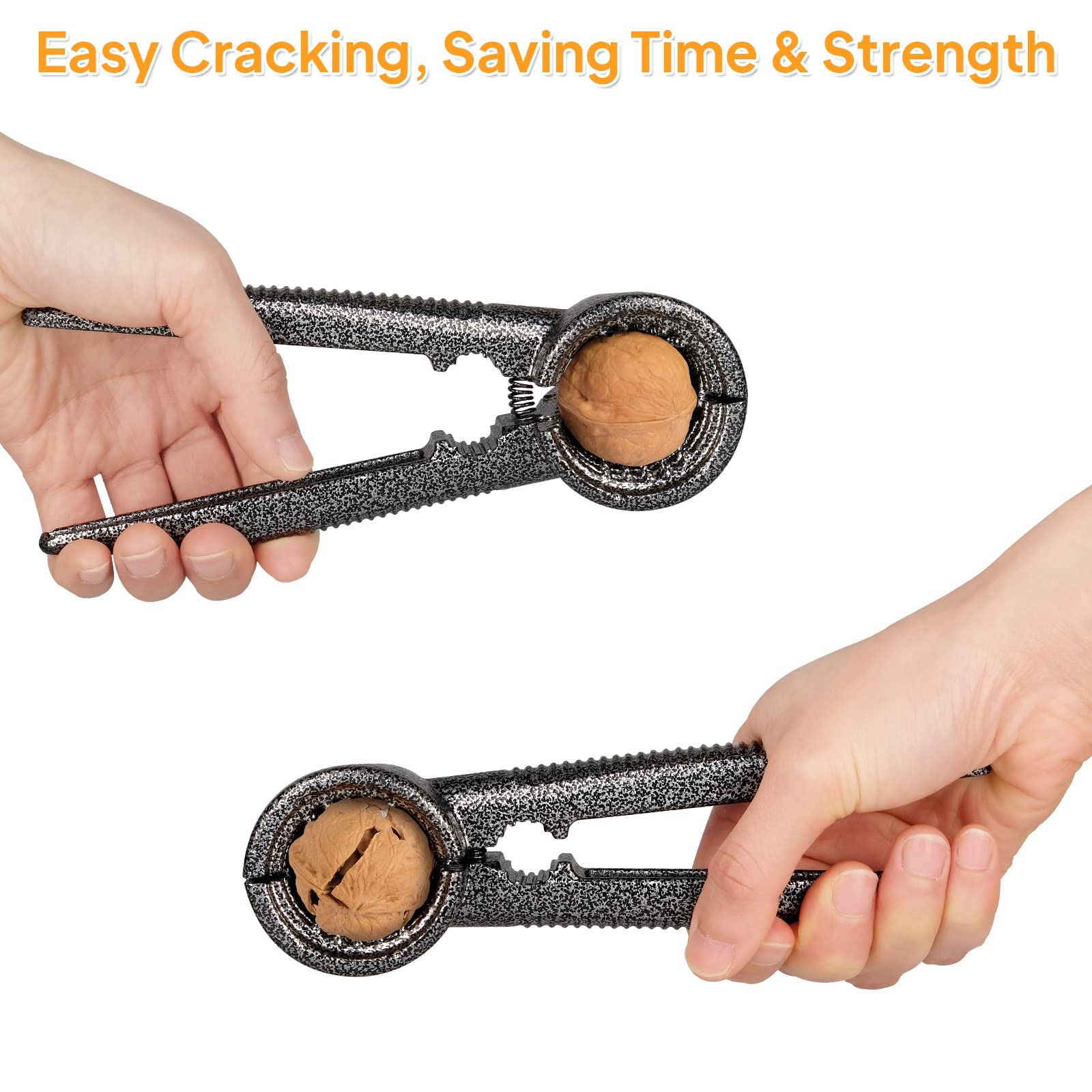 Sanchamy spring-loaded nut cracker reduces effort during cracking.