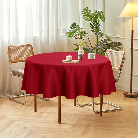 Sancua 2-pack red round tablecloths emphasizing stain resistance and wrinkle-free look.