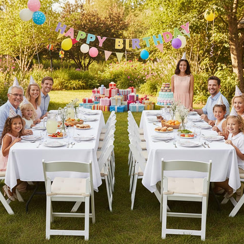 Eight-pack of sancua tablecloths arranged for storage and planning.