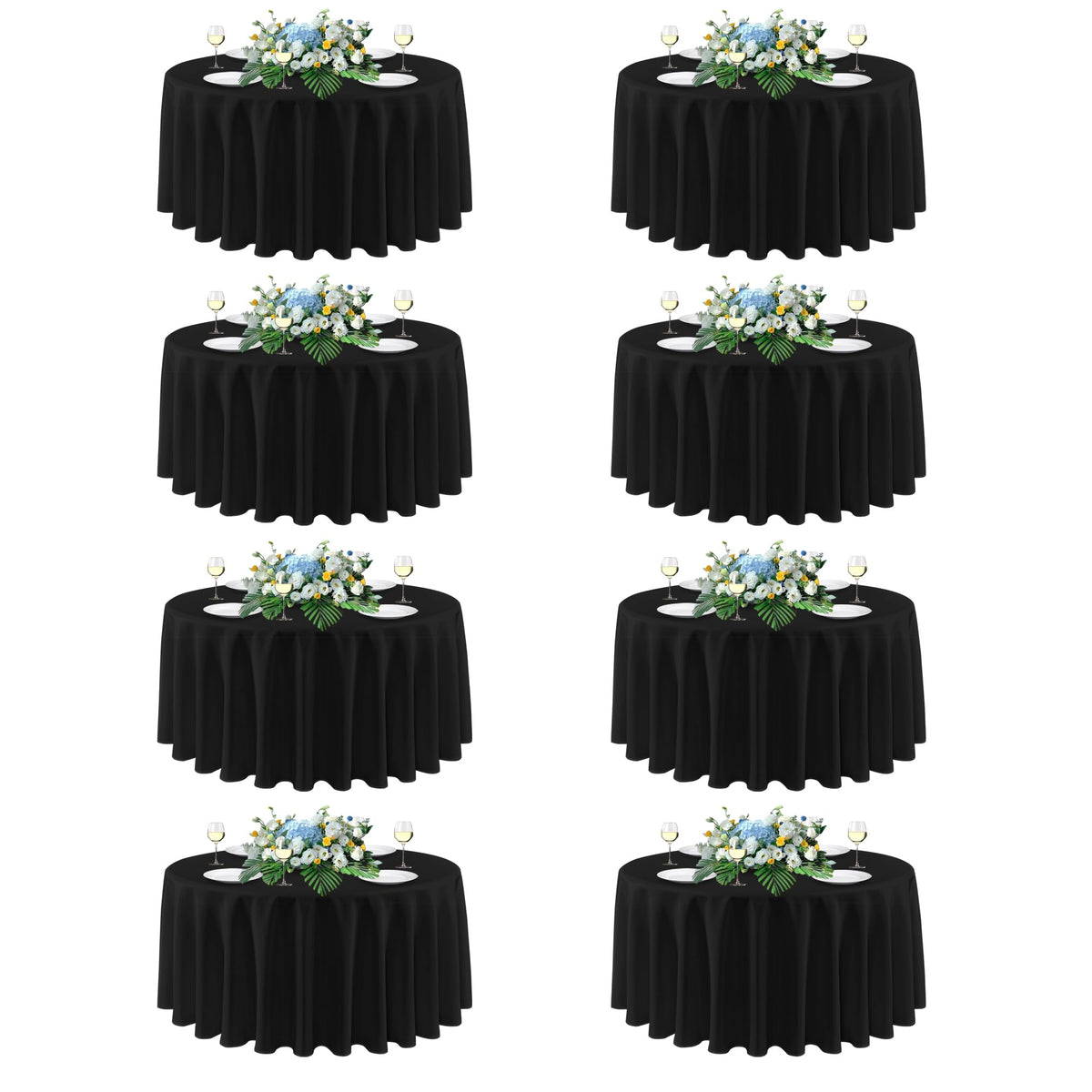 Sancua 90-Inch Round Tablecloth Black, 8-pack for large events with clean presentation