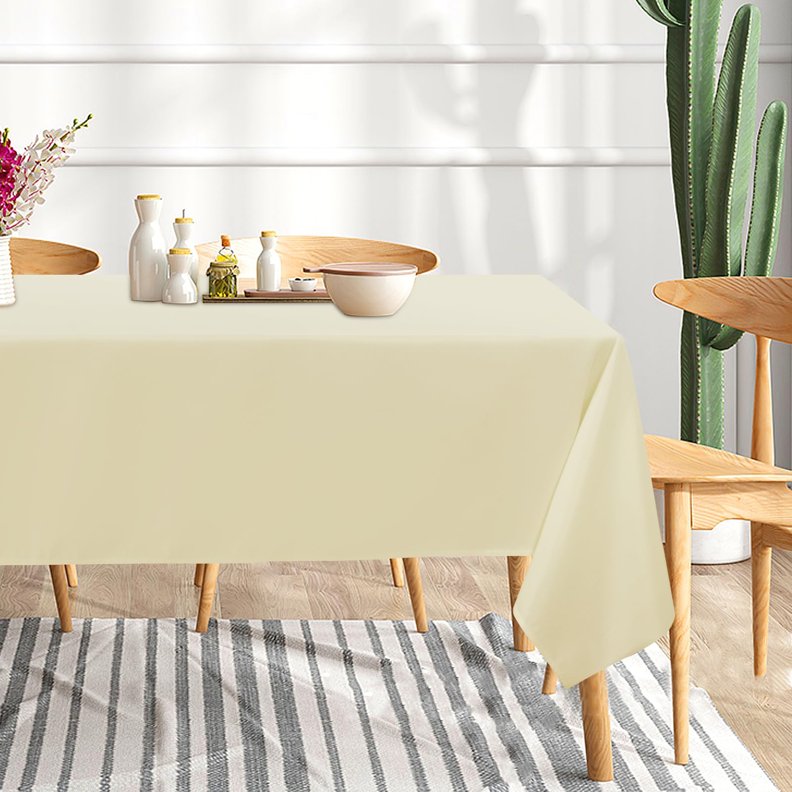 Sancua beige tablecloth showing stain-resistant fabric for family meals.