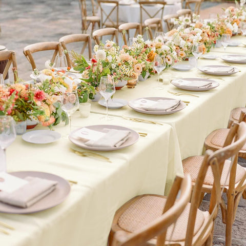 Sancua beige tablecloth with wrinkle-free drape on display.