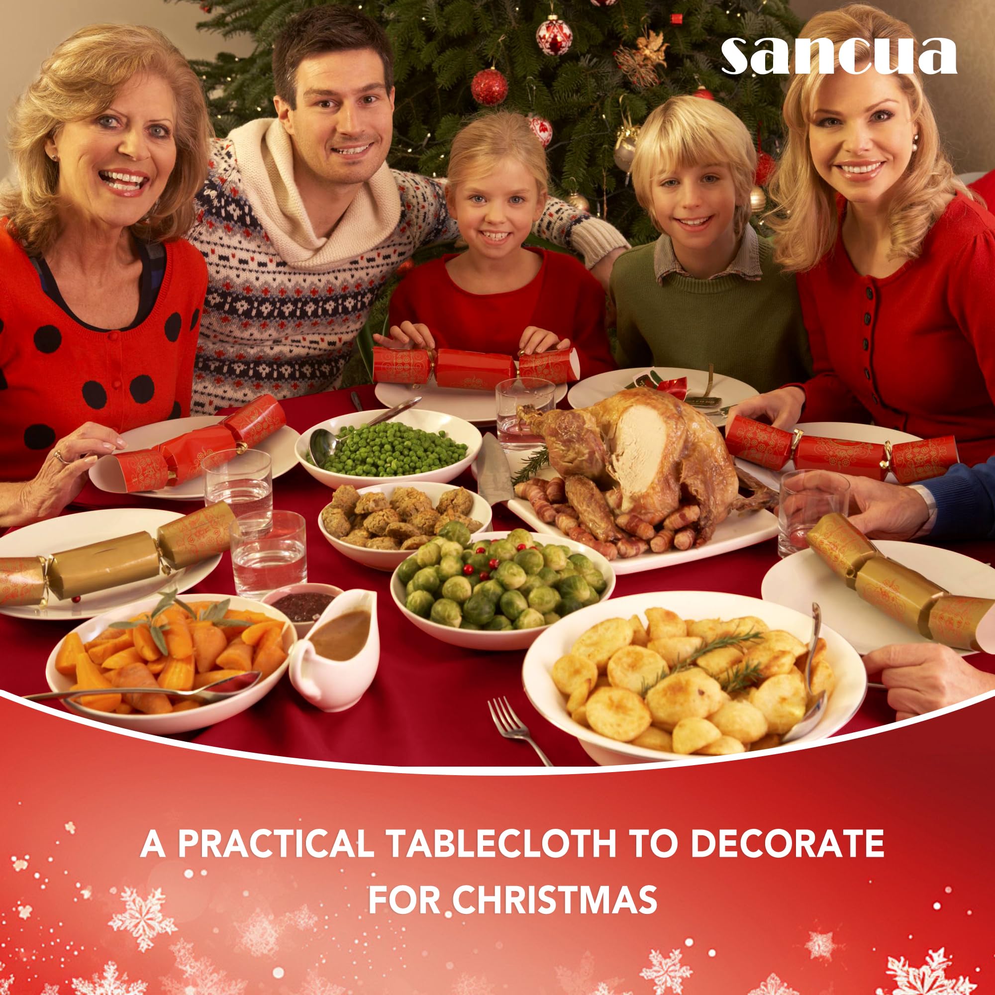 Sancua buffet and party setup with 90-inch red round tablecloth