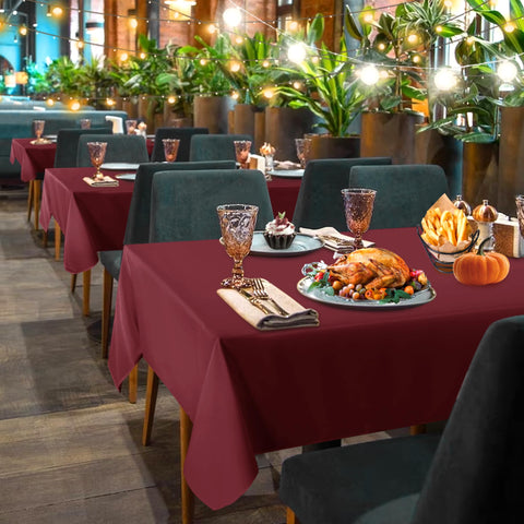 Sancua burgundy tablecloth fits standard 6-foot tables with ample drop