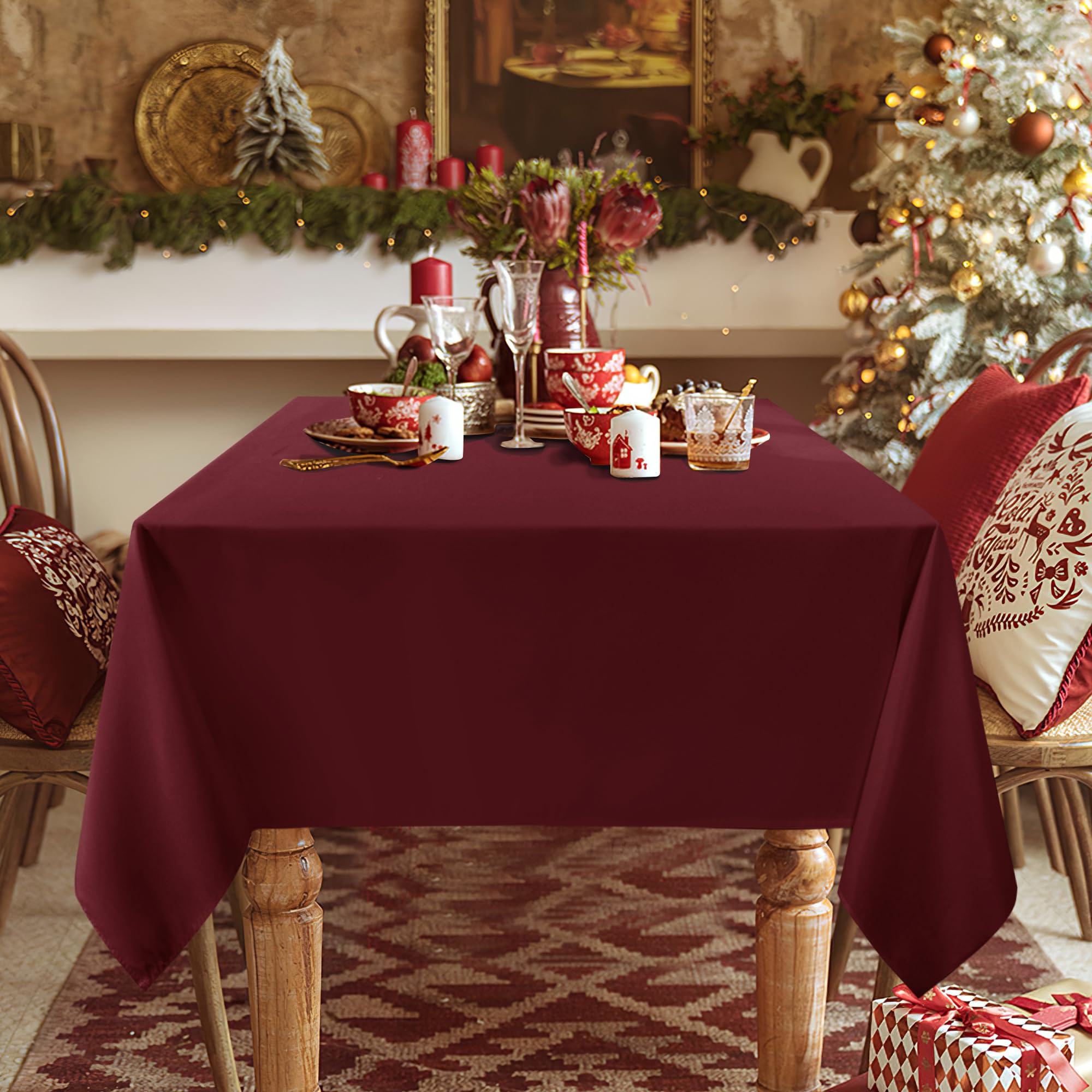 Close-up of Sancua burgundy tablecloth fabric weave showing durability and texture
