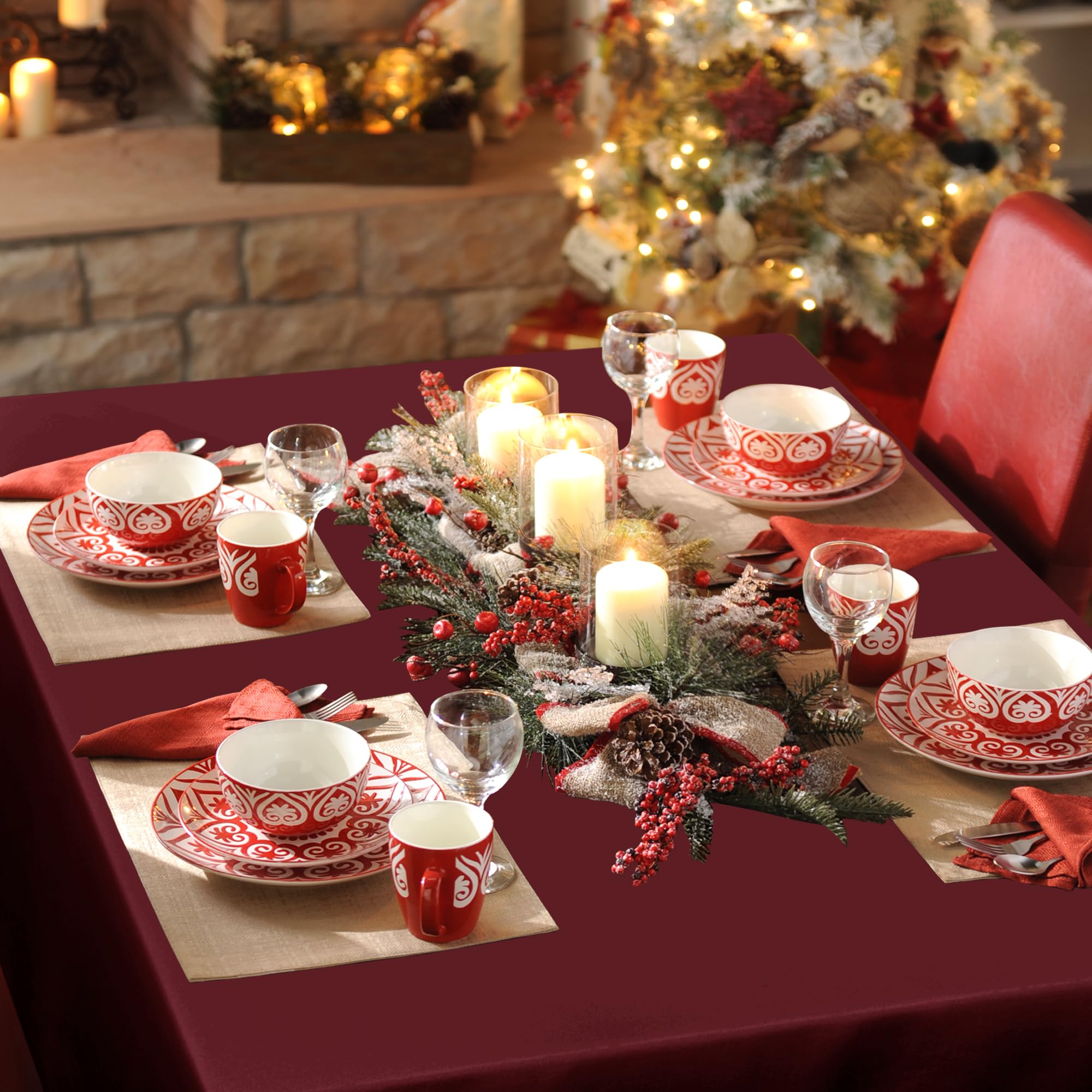 Sancua burgundy tablecloth with stain-resistant finish resists spills