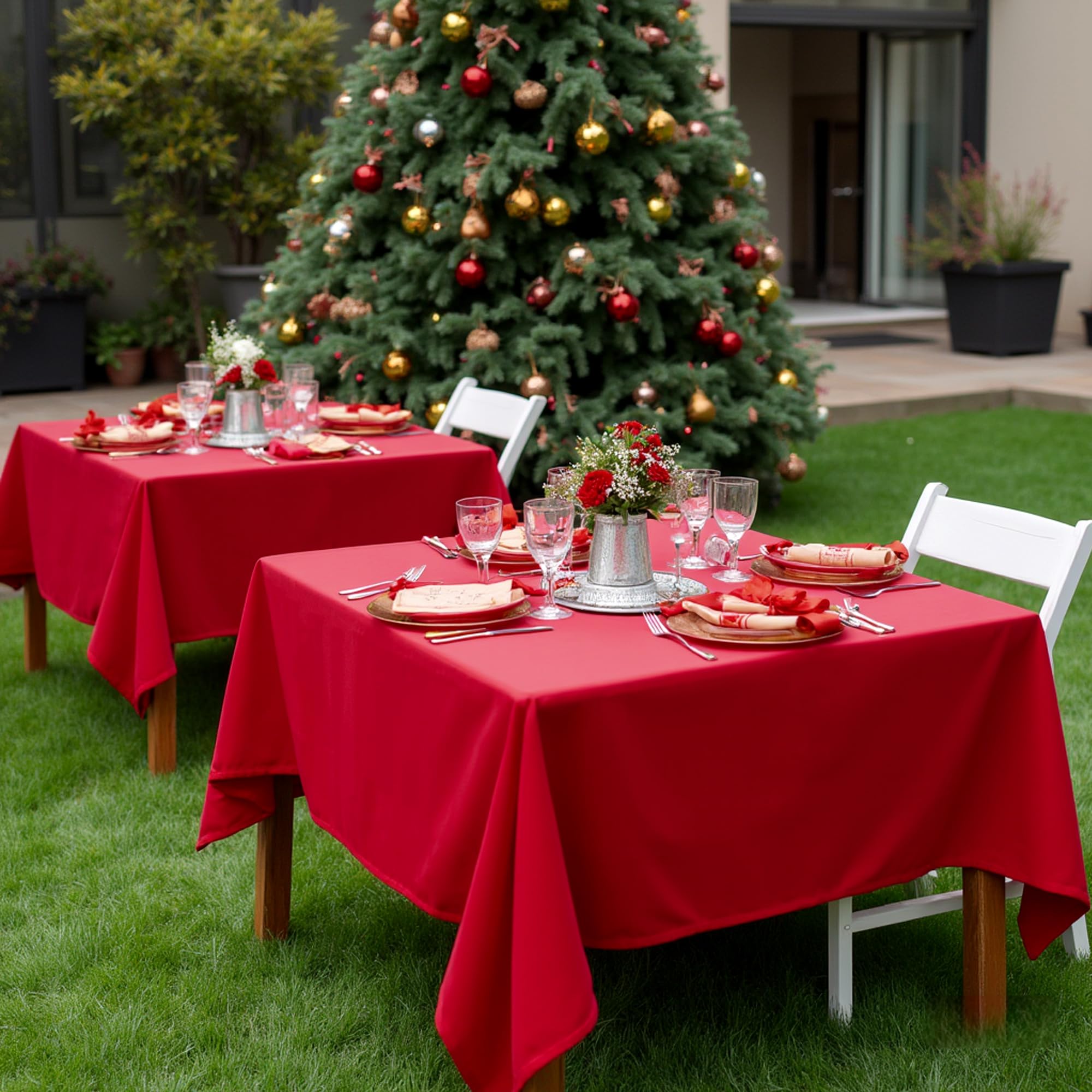 Sancua Christmas Red Square Tablecloth, dining setting, enhances holiday ambiance.