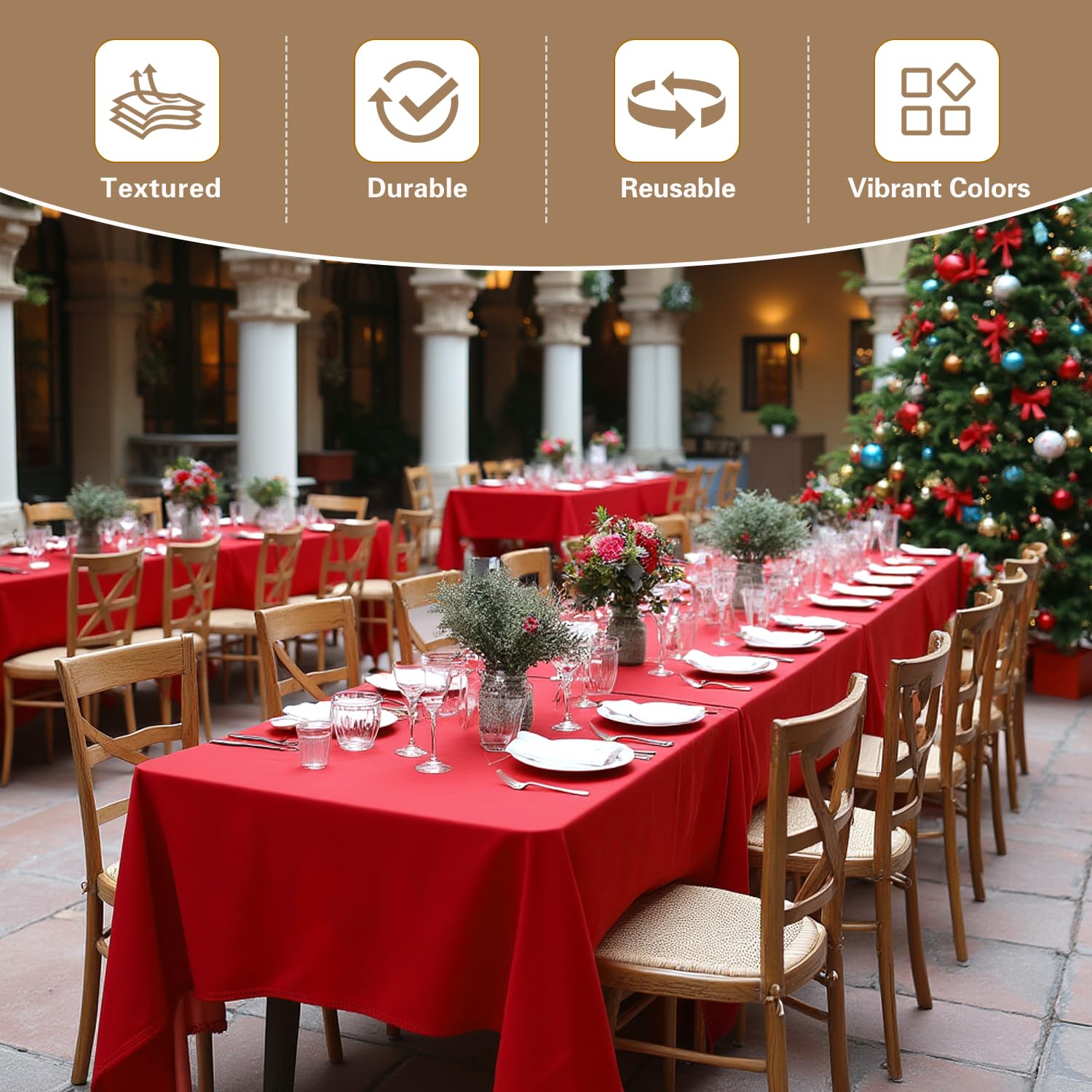 Sancua red tablecloth on a 6 ft table with a red accent.