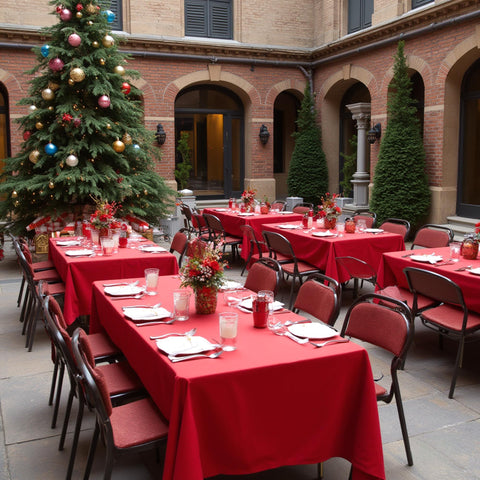 Sancua red tablecloth eight-pack displayed on a banquet table for setup.