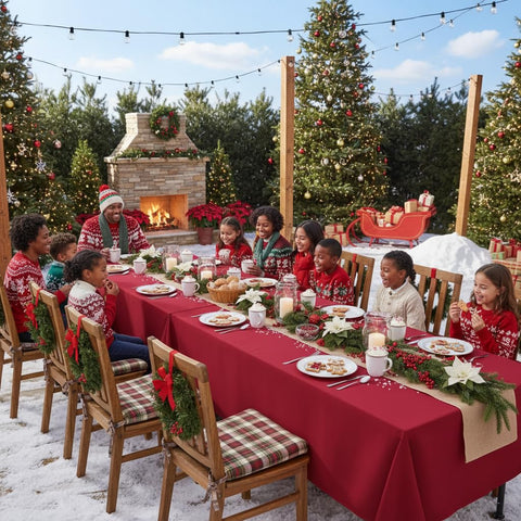 Sancua red tablecloth close-up showing polyester texture for durable reuse.