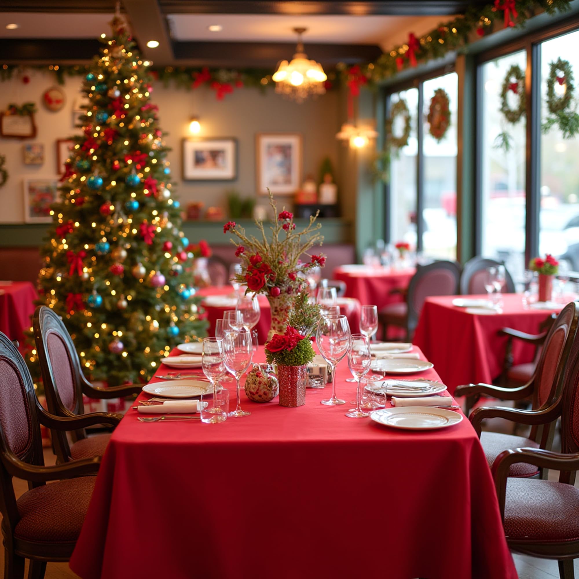 Sancua red tablecloth at wedding table with chairs, elegant ambiance.