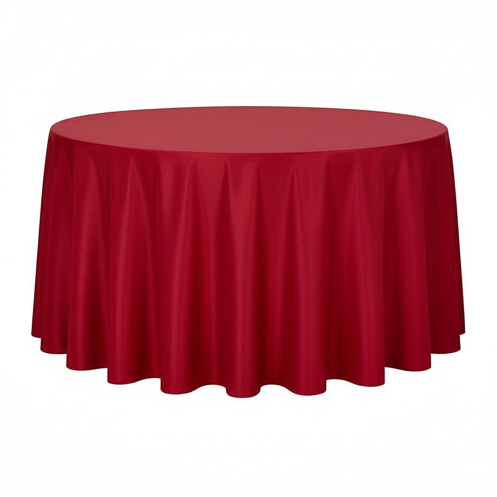 Sancua round tablecloth in red drapes a 108-inch table, protecting surfaces during meals.