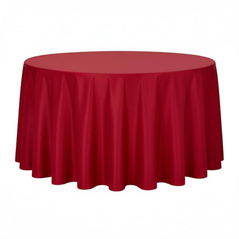 Sancua round tablecloth in red drapes a 108-inch table, protecting surfaces during meals.