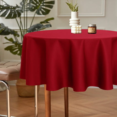 Sancua round tablecloth 60-inch red on dining table for easy cleanup and setup.