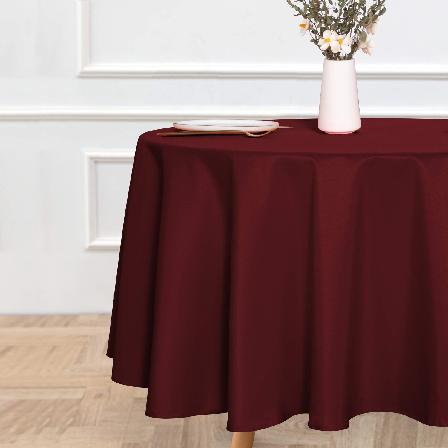 Sancua 90-inch burgundy tablecloth water resistance close-up shows durable fabric.