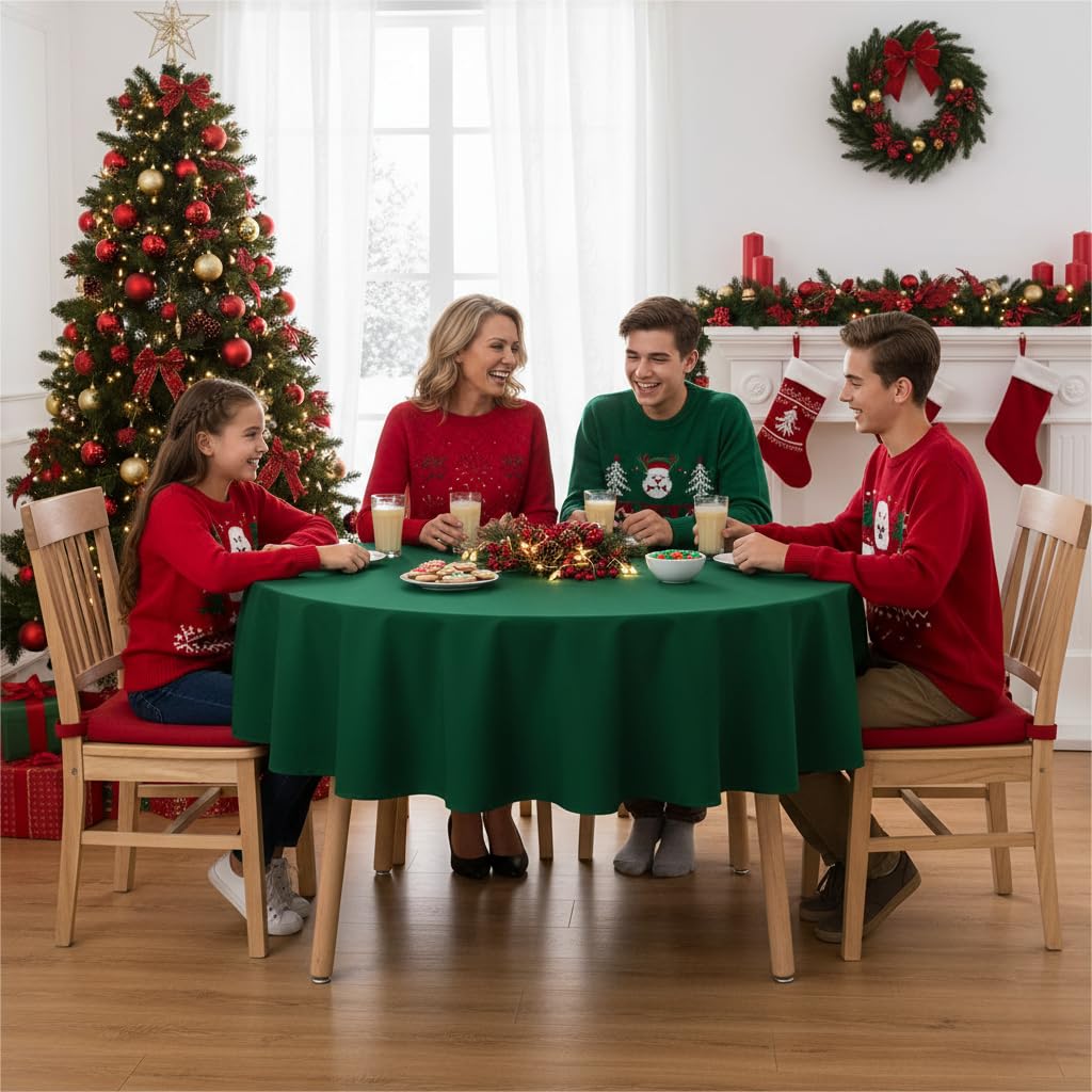 Sancua round tablecloth displayed in a buffet/dining setup for easy cleanup