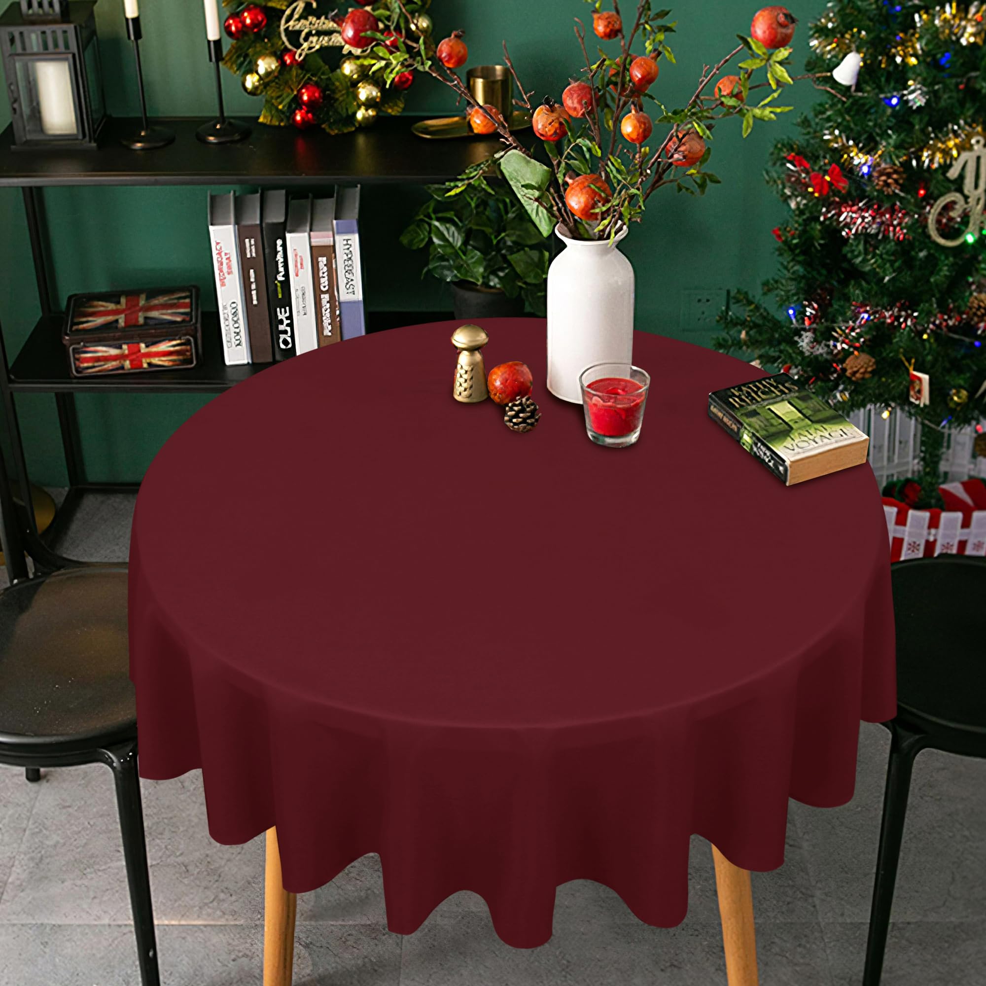 Sancua burgundy round tablecloth with water-resistant finish protects tables.