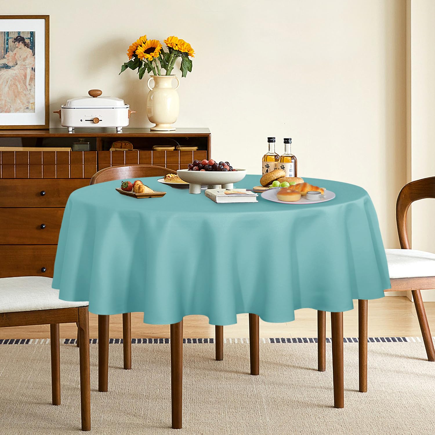 Sancua spill proof finish on turquoise tablecloth ideal for busy events
