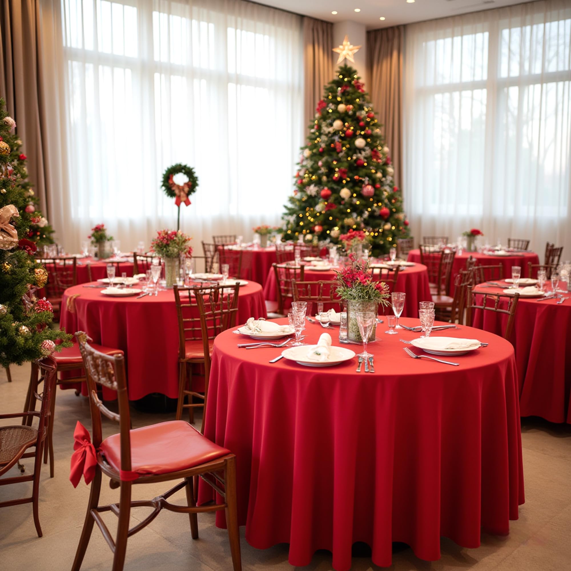Sancua 8-pack round tablecloths arranged for a wedding reception setup