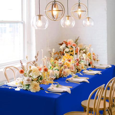 Closeup of Sancua Royal Blue Tablecloth showing wrinkle-resistant polyester finish