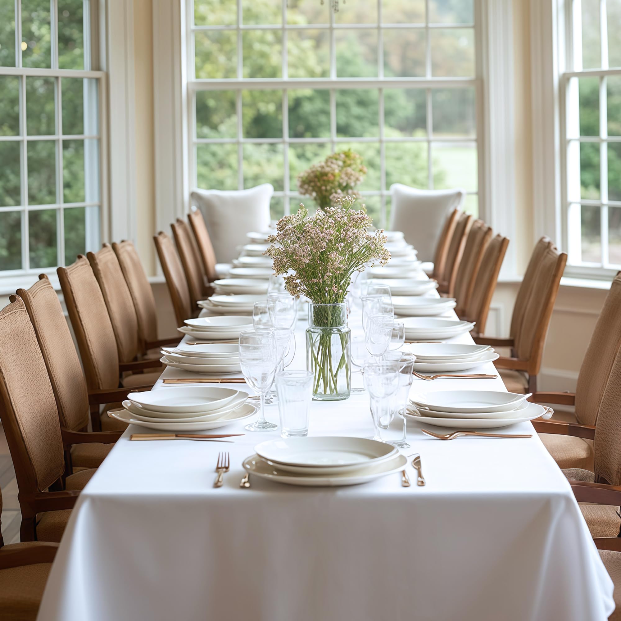 Sancua tablecloth draped on a 6-foot table for formal events.