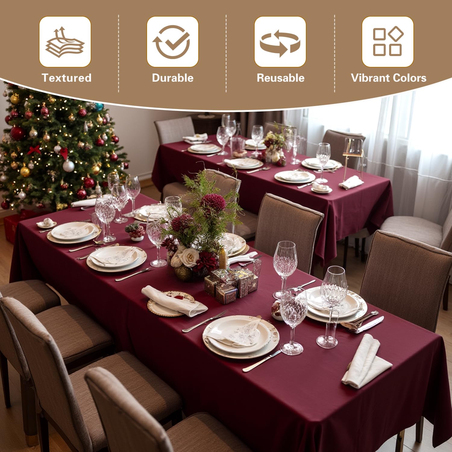 Sancua burgundy 54x108 inch tablecloth in dining hall.