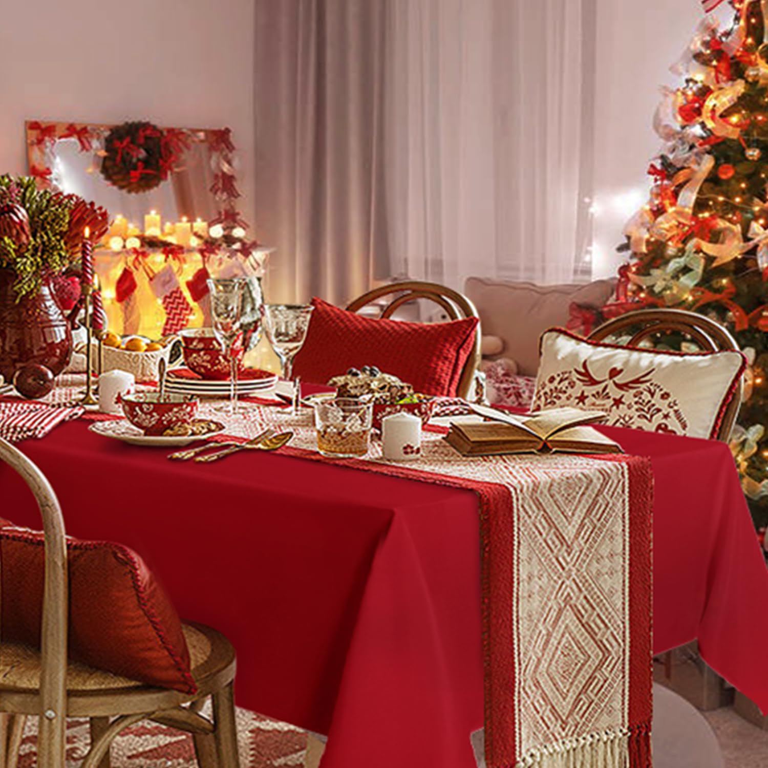 Sancua tablecloth over a dining setup for buffet occasions.