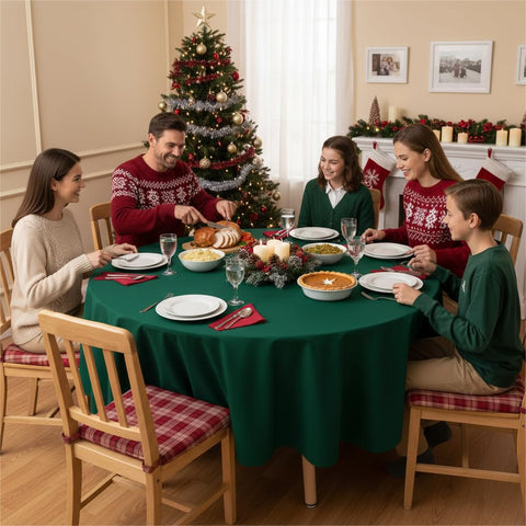 Sancua hunter green tablecloth on buffet setup for dining and serving