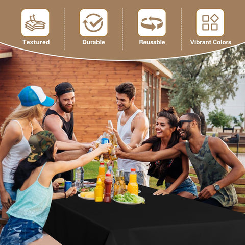 Sancua gold 54x108 tablecloth adds luxurious sheen and easy maintenance.