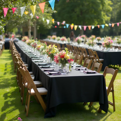 Sancua navy 54x108 tablecloth provides versatile styling for indoor events.