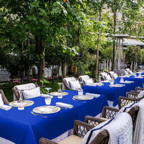 Wedding banquet setup featuring Sancua Royal Blue tablecloth for polished tables