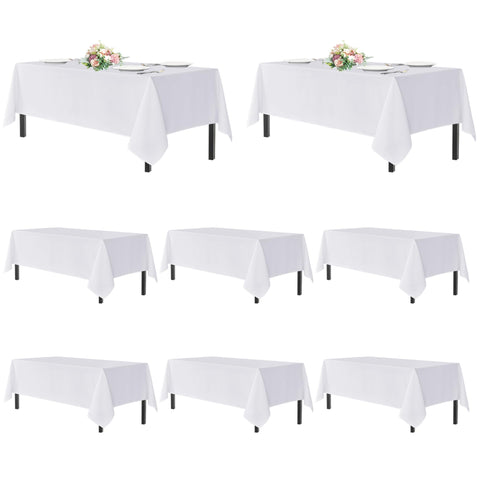 Sancua white rectangle tablecloth on a 6-foot table, eight-pack ready for events.