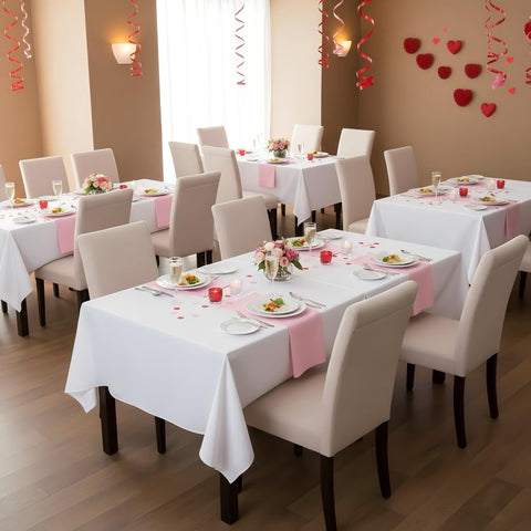 Sancua white rectangle tablecloth on a 6-foot table for a clean event setup.
