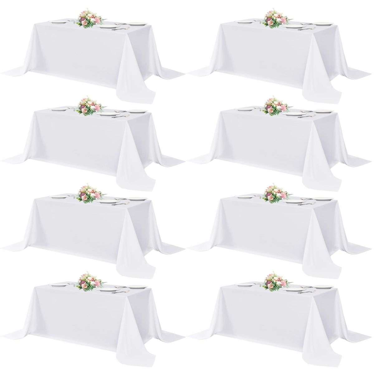 Sancua white rectangular tablecloth 90x132 inches on a 6-foot table for bulk events.