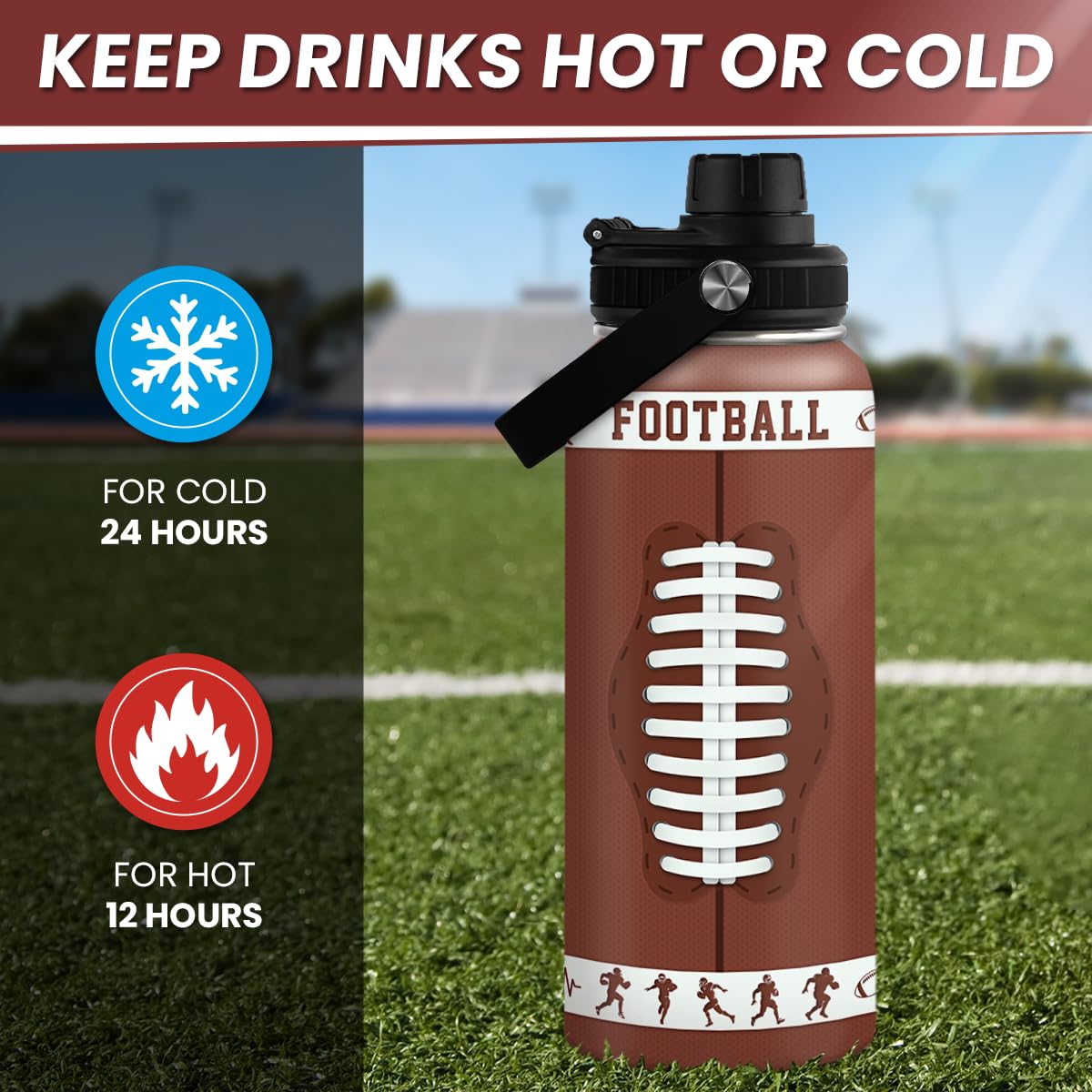 SANDJEST 32oz insulated stainless bottle keeps drinks cold during games.