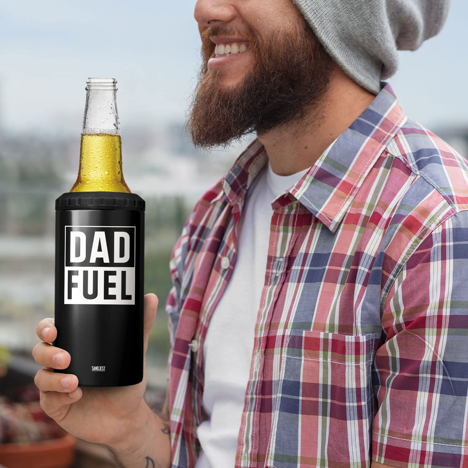 SANDJEST 4-in-1 tumbler demonstrates skinny can and bottle compatibility for versatile use.